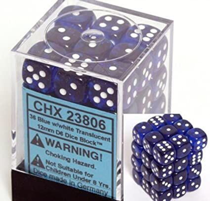Dice Translucent 12mm Blue/white