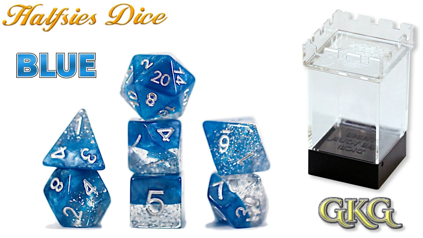 Dice Halfsies - Glitter Edition Blue 7-Die Set Upgraded Case