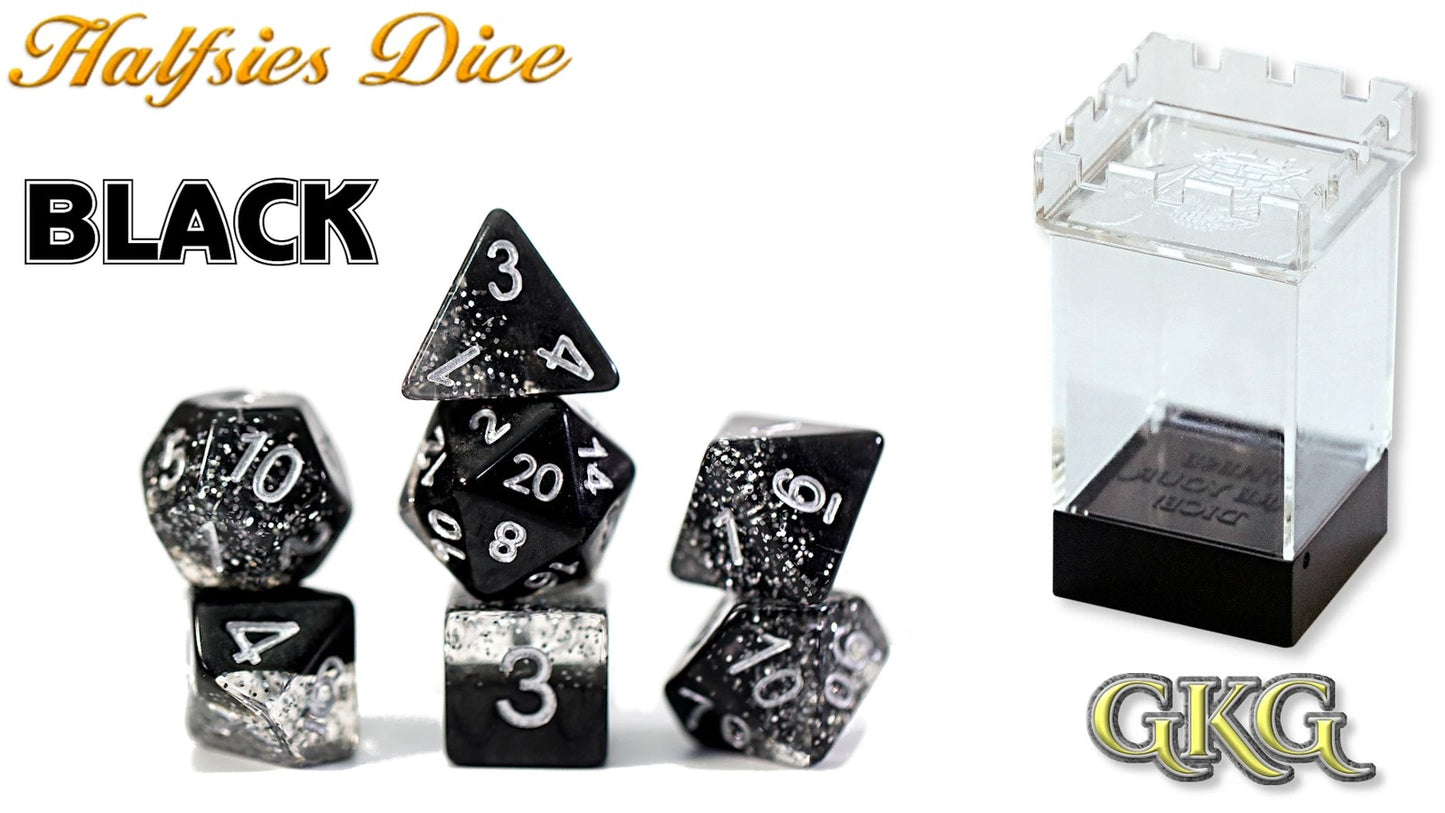Dice Halfsies - Glitter Edition Black 7-Die Set Upgraded Case