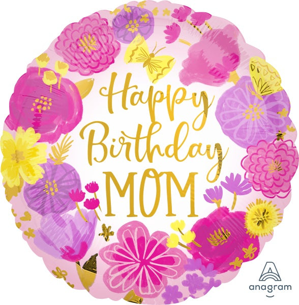Balloon Foil 18 Inch Happy Birthday Mom Painted Flowers